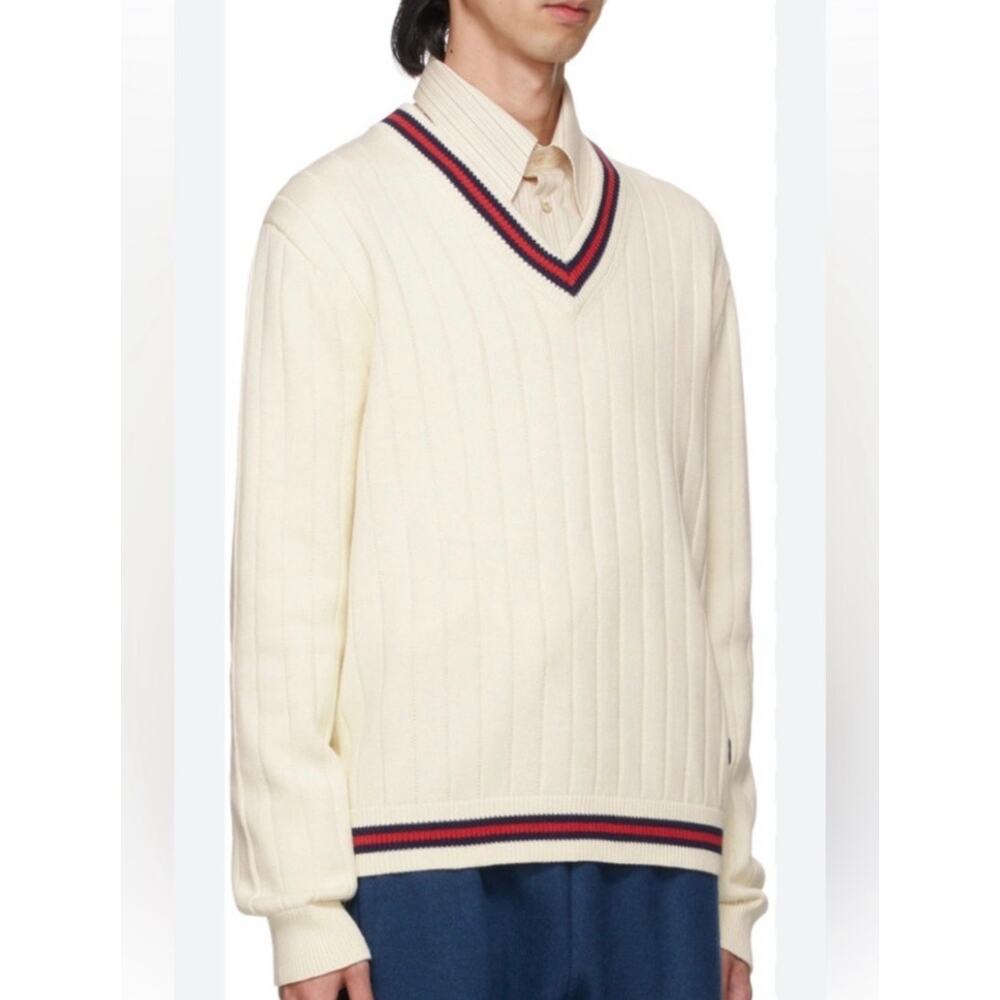 Men's Gucci, cotton knit V-neck sweater with web trim and interlocking G logo L
